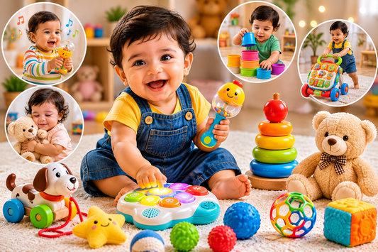 “1-year-old babies playing with sensory, stacking, push-pull and soft toys for early growth and discovery