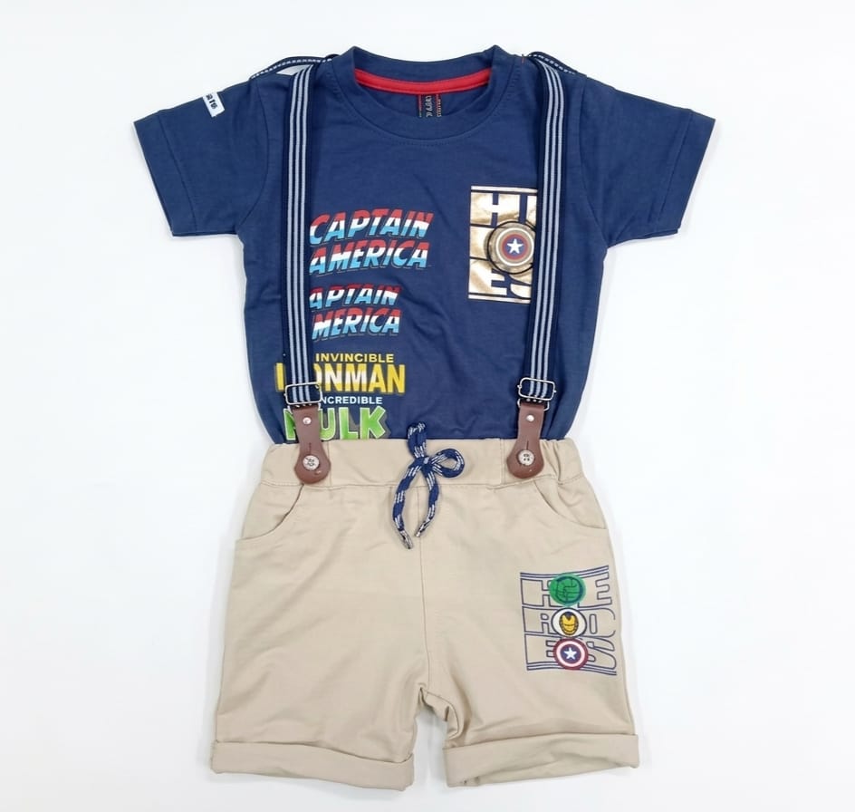 Boys Cotton Superhero T-Shirt with Suspender Shorts – Kids Casual Summer Outfit - Bouncy Boo - Kids Toys Store