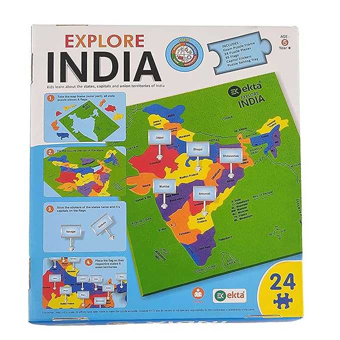 Explore India Map Puzzle for Kids 4+ Years | Geography & Learning Skills - Bouncy Boo - Kids Toys Store