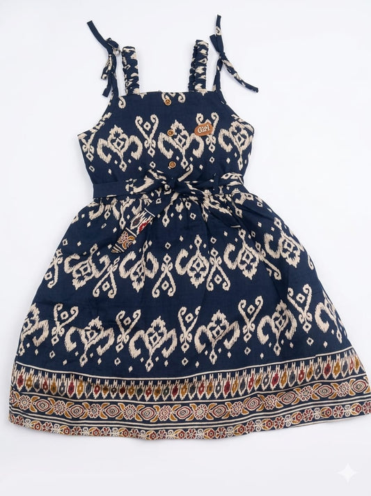 Girls Navy Blue Printed Dress for 2–6 Years | Stylish & Comfortable Party Wear - Bouncy Boo - Kids Toys Store